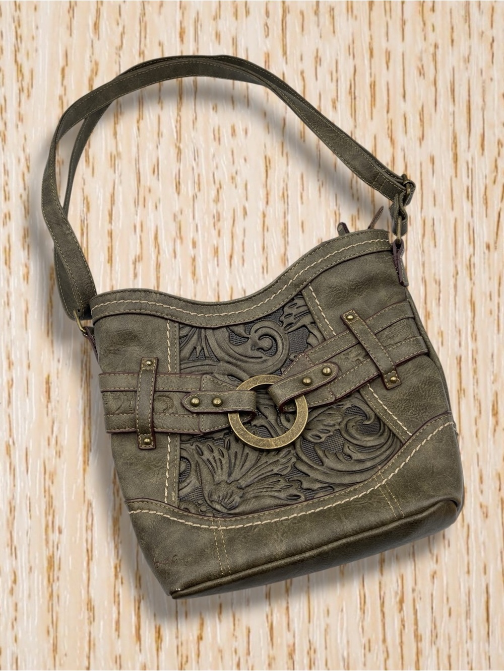 b.o.c. Tooled Floral Leather Crossbody Olive Green Western Boho Shoulder Bag